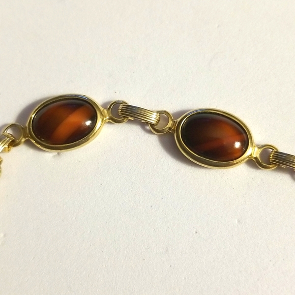 Sarah Cov Mid Century Agate Cabochons Golden Bracelet W Dafety Chain - Picture 4 of 15